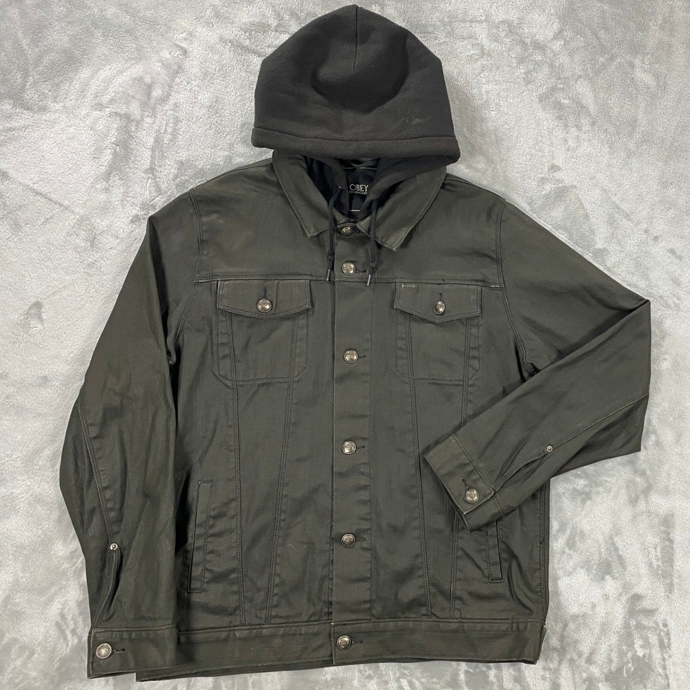 Obey Waxed Denim Trucker Jacket Men L Faded Black Rocker Streetwear Vintage Y2K